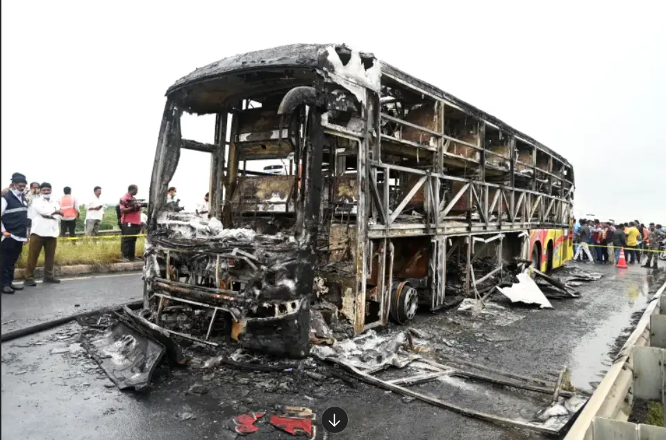 Charred remains of the passenger bus after fire in Kurnool district, Andhra Pradesh, October 2025